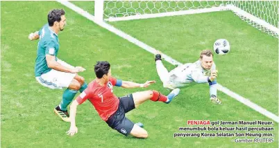  ?? - Gambar REUTERS ?? PENJAGA gol Jerman Manuel Neuer, menumbuk bola keluar hasil percubaan penyerang Korea Selatan Son Heung-min.