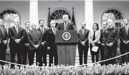  ?? Erin Schaff / New York Times ?? President Donald Trump officially declares a national emergency during a news conference Friday in the Rose Garden of the White House.