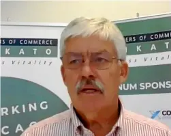  ??  ?? Waikato Chamber of Commerce chief executive Don Good relays members’ questions to economist Brad Olsen via webcam.