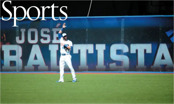  ?? CP FILE PHOTO ?? Toronto Blue Jays’ Jose Bautista acknowledg­es the crowd after taking his position in right field in his last home game as a Blue Jay against the New York Yankees during the first inning of a game on Sept. 24 in Toronto.