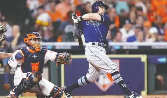  ?? BOB LEVEY/GETTY IMAGES ?? Former Toronto Blue Jay Eric Sogard was the only member of the Tampa Bay Rays to inflict any damage against Astros starter Gerrit Cole, with this second-inning solo home run.