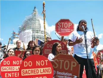  ?? AP FILE PHOTO/MOLLY RILEY ?? Tribal councilman Wendsler Nosie Sr. speaks with Apache activists in a rally to save Oak Flat, land near Superior, Arizona, in front of the U.S. Capitol in Washington in 2015.