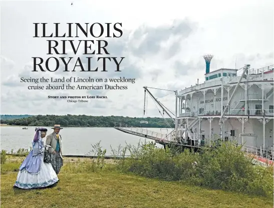  ??  ?? Historical reenactors take a stroll by the American Duchess while the 166-passenger paddle-wheeler is docked in Peoria, above. Below, a rainbow shimmers in the sky as the boat leaves Havana, Ill., on the Illinois River, and Abraham Lincoln impersonat­or George Buss waves to onlookers in Hannibal, Mo. The theme of the weeklong cruise was “Lincoln’s Illinois.”