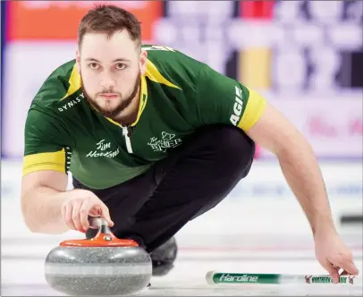  ?? ?? The Canadian Press
Northern Ontario skip Tanner Horgan throws a shot during his match against the Northwest Territorie­s at the 2023 Tim Hortons Brier at Budweiser Gardens in London, Ontario.