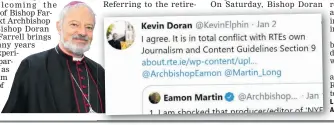  ??  ?? LEFT: Bishop Doran and his tweet. ABOVE: Bishop Dermot Farrell.