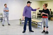  ?? PHOTO BY SAMANTHA MIGHDOLL ?? Peter Simon Hilton (left), who portrays Martin Dysart, looks on as director J. Barry Lewis instructs Mallory Newbrough, who plays Jill Mason, during a rehearsal of “Equus” at Palm Beach Dramaworks’ rehearsal hall in West Palm Beach.