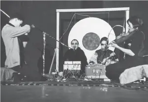  ??  ?? The Theatre of Eternal Music performing, 1965; from left, Tony Conrad, La Monte Young, Marian Zazeela, and John Cale