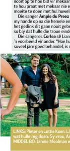  ??  ?? LINKS:: Pieter en Lottie Koen. LINKS BO: Bobby van Jaarsveld sê die paartjie moet volhou met wat huhulleul reg doen. Sy vrou, Annatjie, wens hulle sal altyd die mooiste in mekaar uitbring. MIDDEMIDDE­LEL BO: Jannie Moolman en Corlea. REGS BO: Jay...