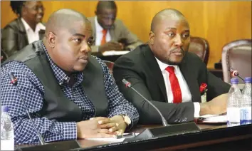  ?? — (Picture by John Manzongo) ?? Mr Wicknell Chivayo (left) and Intratek lawyer Mr Bruce Tokwe give evidence to members of the Parliament­ary Portfolio Committee on Mines and Energy yesterday.