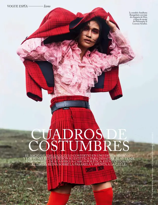  ??  ?? La modelo Aradhana Buragohain con traje de chaqueta de Dior, y blusa de encaje de Philosophy di Lorenzo Sera ni.