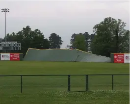  ?? Staff photo by Karl Richter ?? ■ The right-field wall at George Dobson Field is shown damaged by high winds Friday at Spring Lake Park in Texarkana, Texas.