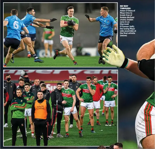  ??  ?? NO WAY THROUGH: Aidan O’Shea of Mayo tries to break free of Robbie McDaid (main); Dublin zone in on Diarmuid O’Connor (left); the losing Mayo side assemble at the final whistle (below)