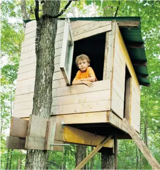  ?? PHOTOS: BRUCE DEACHMAN/OTTAWA CITIZEN ?? Jake Hayduk looks out the window of his tree fort in Sainte-Cécile-de-Masham, near Wakefield.