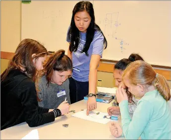  ?? Janelle Jessen/Herald-Leader ?? Neeya Toleman, a junior electrical engineerin­g major at John Brown University and the founding member of the college’s chapter of the Society of Women Engineers, led elementary students in a project drawing electrical circuits using conductive ink to...