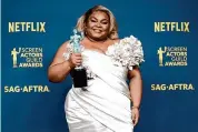  ?? Monica Schipper/FilmMagic ?? Da’Vine Joy Randolph, winner of the Outstandin­g Performanc­e by a Female Actor in a Supporting Role award for “The Holdovers” poses in the press room during the 30th annual Screen Actors Guild Awards at Shrine Auditorium and Expo Hall on Feb. 24 in Los Angeles.