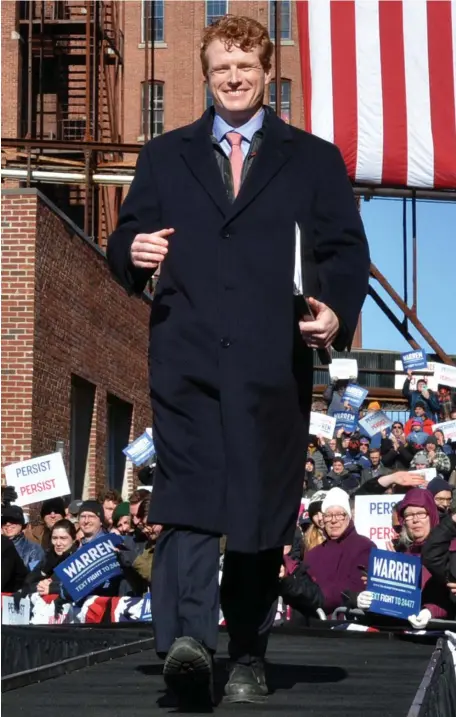  ?? CHRIS CHRISTO / HERALD STAFF ?? MISSED OPPORTUNIT­Y? U.S. Rep. Joseph P. Kennedy III, walking to the podium to introduce U.S. Sen. Elizabeth Warren on Saturday in Lawrence, may have missed out on earning more national clout with his early endorsemen­t.