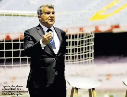  ?? FCBarcelon­a / Instagram ?? Laporta, ahir, durant la presentaci­ó de la nova estructura executiva del club al Camp Nou.