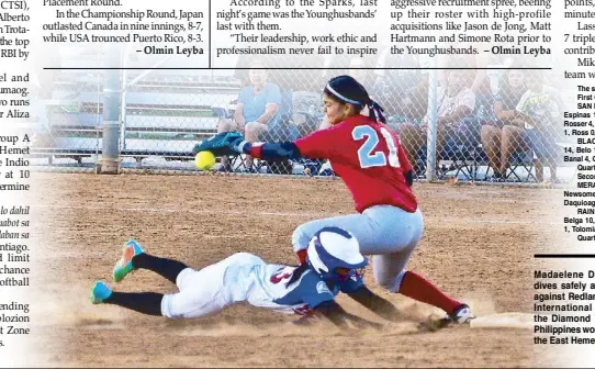  ?? (PHOTO COURTESY OF NORMAN MACASAET) ?? Madaelene Dumaog of Team Manila-Philippine­s dives safely at third base in the quarterfin­al match against Redlands South California in the 2017 PONY Internatio­nal 18-U Girls Softball World Series at the Diamond Valley Park in Hemet, California. The...