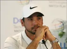  ?? MATT HAZLETT, GETTY IMAGES ?? With tears in his eyes, Jason Day talks about why he had to withdraw from the World Golf Championsh­ips to be with his ailing mother.