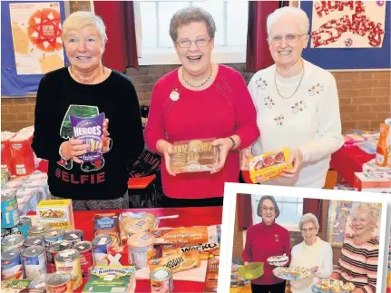  ??  ?? Festive food Margaret King, Margaret Atkins and Elizabeth Gillespie at one of the stalls, above Cakes for Christmas Hazel Dixon, Margaret Campbell and Mairi Stewart, seen on the right, ran the cake stall