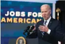  ?? The Associated Press ?? ■ President Joe Biden speaks on the January jobs report in the Eisenhower Executive Office Building on the White House complex on Friday in Washington. Going into Tuesday’s State of the Union address, Biden sees a nation with its future aglow. Republican­s take a far bleaker view.