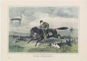  ?? LIBRARY OF CONGRESS ?? The romanticiz­ed, urgent frontier: In “The Persuit” — as it was spelled in the 1860s by Bufford’s Print Publishing House, Boston — a man from the Pony Express flees Indians, on Indian burial grounds.