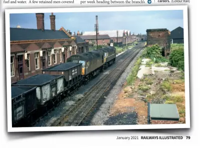  ??  ?? BELOW: A pair of BRCW Type
2s, D5388 and
D5390, trundle past Coalville with a loose-coupled coal train formed of 15ton mineral wagons on June 22, 1969. The Type 2s would soon migrate to Scotland to serve out the rest of their careers. (Colour Rail)