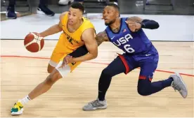  ?? Photograph: Ethan Miller/Getty Images ?? Australia’s Dante Exum drives past Damian Lillard of the United States during an exhibition game on Monday night in Las Vegas.