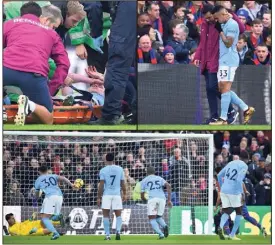  ?? (Photos AFP) ?? De Bruyne évacué sur civière (’+), Gabriel Jesus touché au genou (’) et un penalty concédé dans les dernières minutes (’+), les Citizens ont connu un après-midi délicat, hier à Londres.