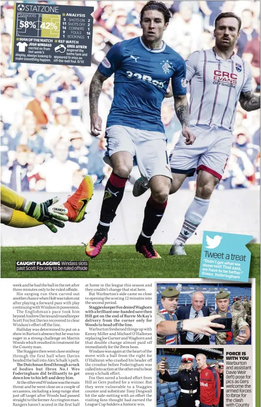  ??  ?? CAUGHT FLAGGING Windass slots past Scott Fox only to be ruled offside FORCE IS WITH YOU Warburton and assistant Davie Weir (left) pose for pics as Gers welcome the armed forces to Ibrox for the clash with County