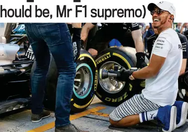  ?? REX ?? Happy to help: world champion Lewis Hamilton lends a hand in the Mercedes pit