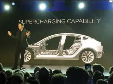  ?? JUSTIN PRITCHARD — THE ASSOCIATED PRESS FILE ?? In this file photo, Tesla Motors Inc. CEO Elon Musk speaks at the unveiling of the Model 3 at the Tesla Motors design studio in Hawthorne Electric car maker Tesla said on Monday that its Model 3 car will go on sale on Friday.