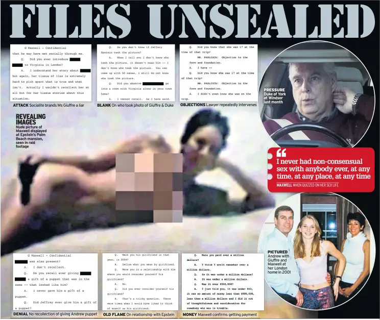  ??  ?? ATTACK Socialite brands Ms Giuffre a liar
REVEALING IMAGES
Nude picture of Maxwell displayed at Epstein’s Palm Beach mansion, seen in raid footage
BLANK On who took photo of Giuffre & Duke
DENIAL No recollecti­on of giving Andrew puppet
OLD FLAME On relationsh­ip with Epstein