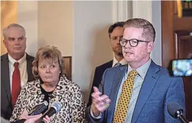  ?? ANNELISE HANSHAW/MISSOURI INDEPENDEN­T ?? Missouri Senate President Pro Tem Caleb Rowden, R-Columbia, addresses reporters outside his office about the decision to remove Freedom Caucus members from their committee assignment­s.