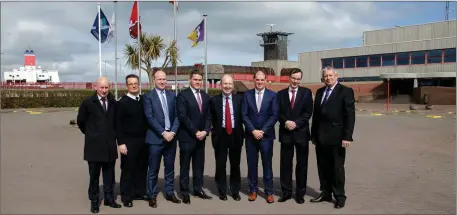  ??  ?? Minister Shane Ross on a visit to Rosslare Europort in April of this year. From left: Cllr Frank Staples; Michael Proctor, deputy harbour master; Glenn Carr, general manager, Rosslare Europort; Cllr Ger Carthy; Minister Shane Ross; Minister Paul Kehoe; Frank Allan, chairman, Irish Rail; and Cllr Larry O’Brien.