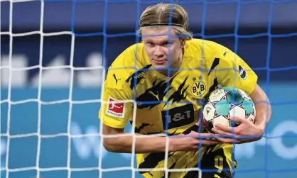  ??  ?? Erling Haaland celebrates scoring for Dortmund against Schalke. The Manchester United manager, Ole Gunnar Solskjaer, used to manage him at Molde and they are still in touch. Photograph: Ina Fassbender/AFP/Getty Images