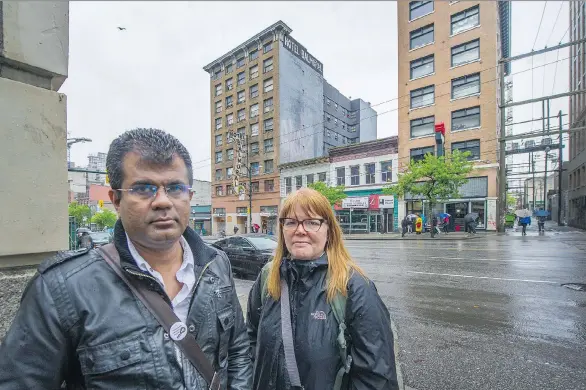  ?? ARLEN REDEKOP ?? Former Balmoral and Regent Hotel employee Sam Dharmapala and longtime DTES housing advocate Wendy Pedersen say conditions inside the SRO buildings are appalling.