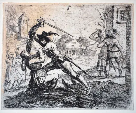  ?? FOTO: KUNSTSAMML­UNG DER FÜRSTEN WALDBURG ?? Radierung „Die beiden Landsknech­te im eroberten Dorf“(1643) von Hans Ulrich Franke.
