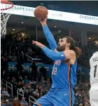  ??  ?? Steven Adams goes up for a dunk against the Pelicans yesterday.