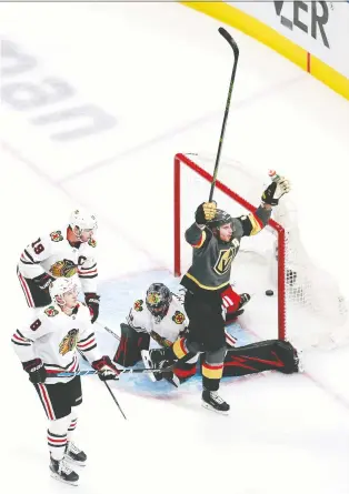  ?? JEFF VINNICK/GETTY IMAGES ?? Reilly Smith gives the Vegas Golden Knights a 2-0 best-of-seven series lead with his game-winning overtime goal against Chicago on Thursday. The Knights won the game 4-3 at Rogers Place.