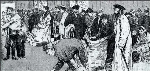  ?? PHOTO: WIKIPEDIA ?? Drawing of Jewish immigrants from Eastern Europe arriving at Tilbury Dock in the 1890s. it was entiled ‘The Alien Invasion’