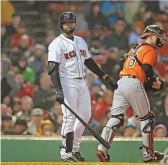  ?? STaff phoTo by MaTT WEsT ?? COMING UP EMPTY: Jackie Bradley Jr. reacts after striking out in the second inning last night at Fenway. Bradley went 0-for-2, dropping his average to .161.