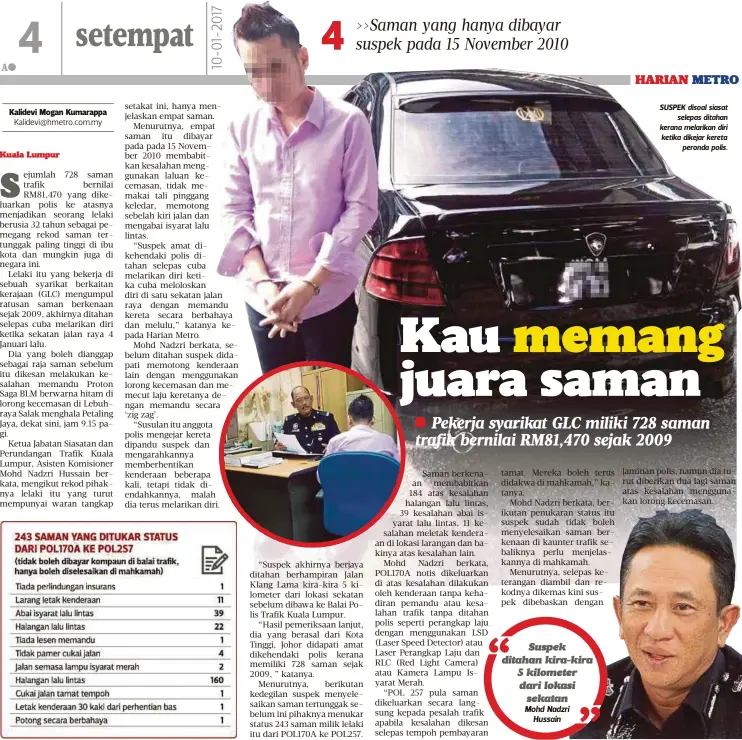  ??  ?? SUSPEK disoal siasat
selepas ditahan kerana melarikan diri ketika dikejar kereta
peronda polis.