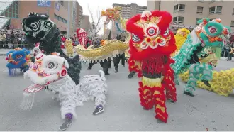  ?? JIM WELLS ?? The lion and dragon dance fills the street during Chinese New Year celebratio­ns in Calgary Saturday.