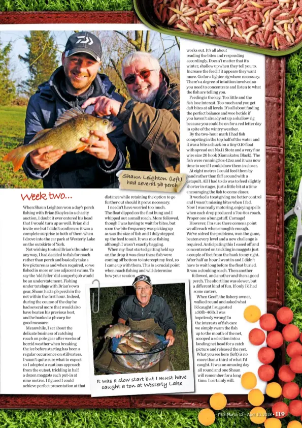  ??  ?? Shaun Leighton (left) had several pb perch I must have It was a slow start but Lake caught a ton at Westerly