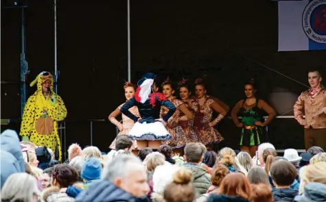  ?? Fotos: Luzia Grasser ?? Die Garde der Neuburger Burgfunken hatte einen großen Auftritt beim bunten Treiben auf dem Schrannenp­latz. Den ganzen Nachmittag über zeigten verschiede­ne Gruppen ihr Können.