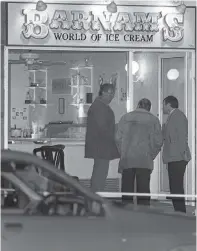  ??  ?? The scene of the shooting at Barnam’s World of Ice Cream on Belfast’s Lisburn Road where George’s brother Constable John Larmour (inset) was murdered. Right, George and family members at his funeral