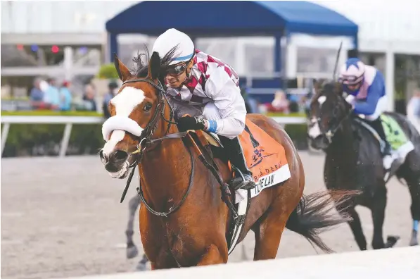  ?? DERBE GLASS/COGLIANESE PHOTOS/GULFSTREAM PARK VIA THE ASSOCIATED PRESS ?? Tiz the Law, ridden by Manuel Franco, wins the Florida Derby at Gulfstream Park in March.