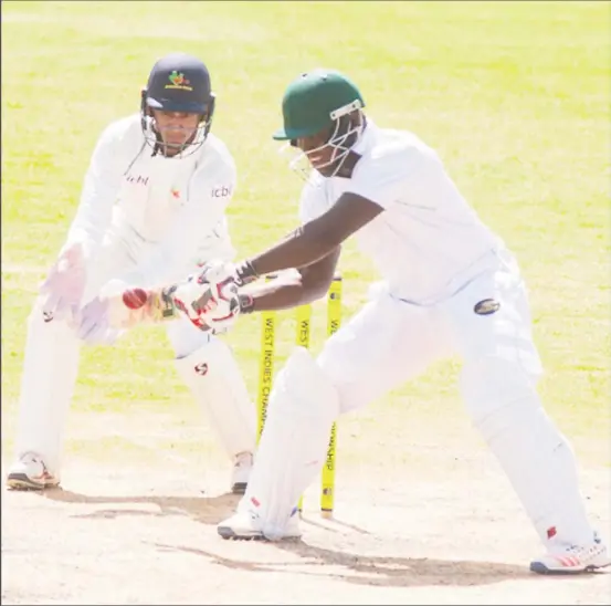  ??  ?? Anthony Bramble cuts for four during his century on Day 2 of the the third round match between Barbados Pride and Guyana Jaguars in the CWI Profession­al Cricket League Four Day match on Saturday, January 5, 2019 at Kensington Oval CWI Media/ Kerrie Eversley of Brooks LaTouche Photograph­y