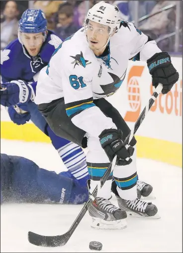  ?? STAN BEHAL/POSTMEDIA NETWORK ?? The Sharks’ Justin Braun said yesterday he was “joking around” regarding disparagin­g comments he made about Winnipeg posted on Twitter by the Sharks’ broadcast partner.